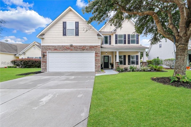 front facade with a garage, covered porch, and a front lawn