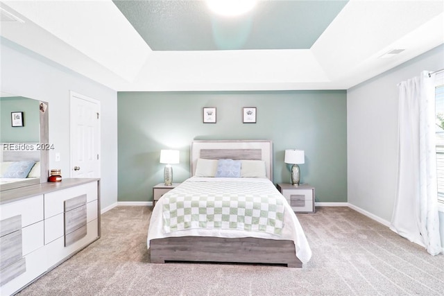 carpeted bedroom featuring a tray ceiling