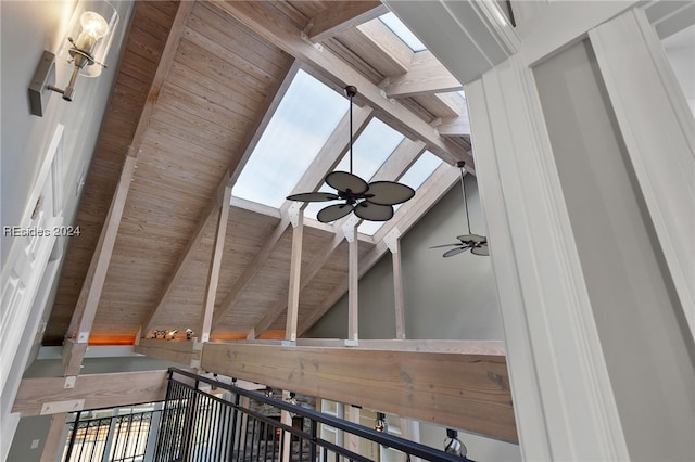 interior details featuring beamed ceiling, ceiling fan, wood ceiling, and a skylight