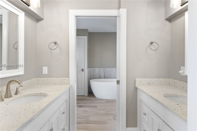 bathroom with vanity and a washtub