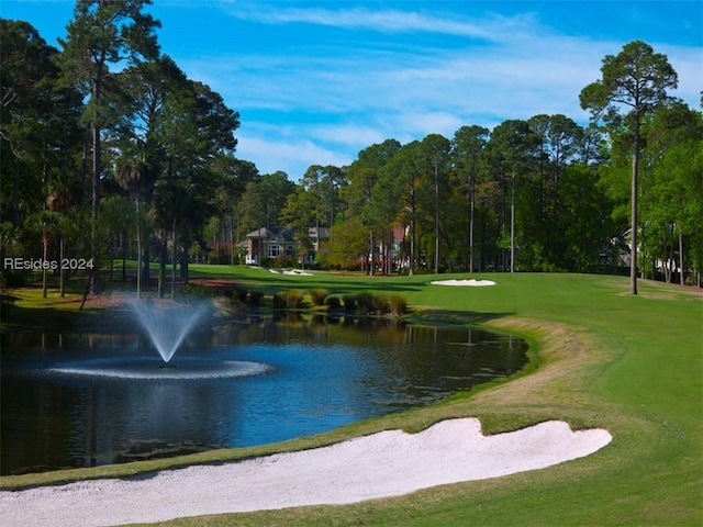 view of property's community featuring a water view and a lawn