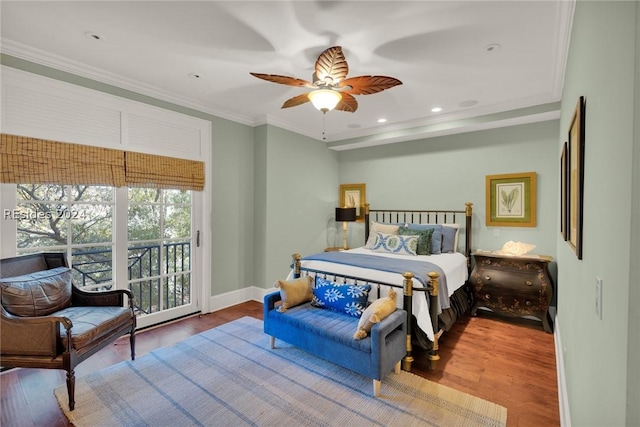 bedroom featuring crown molding, access to outside, hardwood / wood-style floors, and ceiling fan