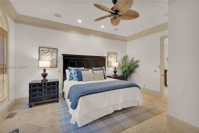 bedroom with ornamental molding and ceiling fan