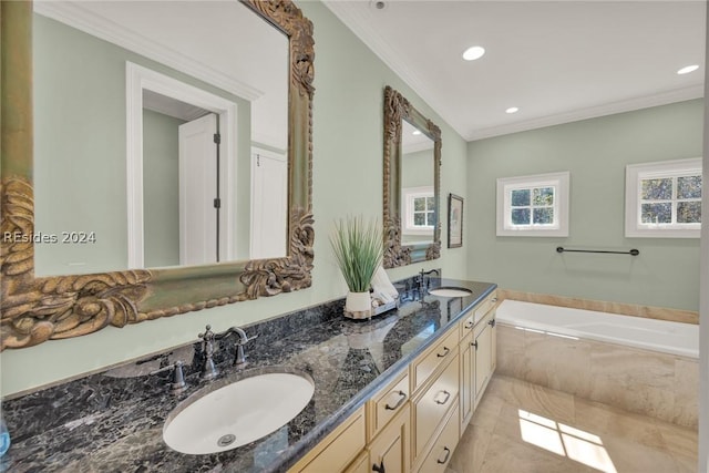 bathroom featuring tile patterned floors, ornamental molding, vanity, and tiled tub