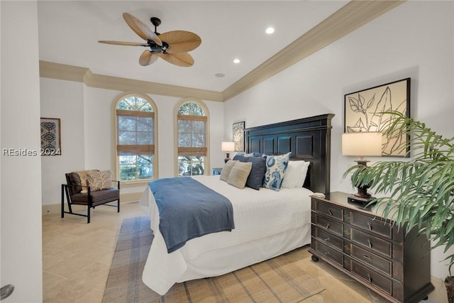 bedroom featuring ceiling fan and ornamental molding