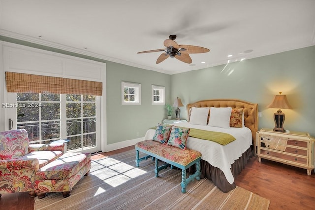 bedroom with hardwood / wood-style flooring, crown molding, access to exterior, and ceiling fan