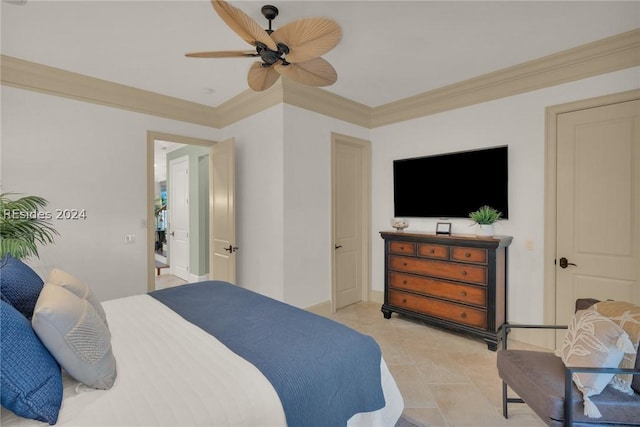 bedroom with crown molding and ceiling fan