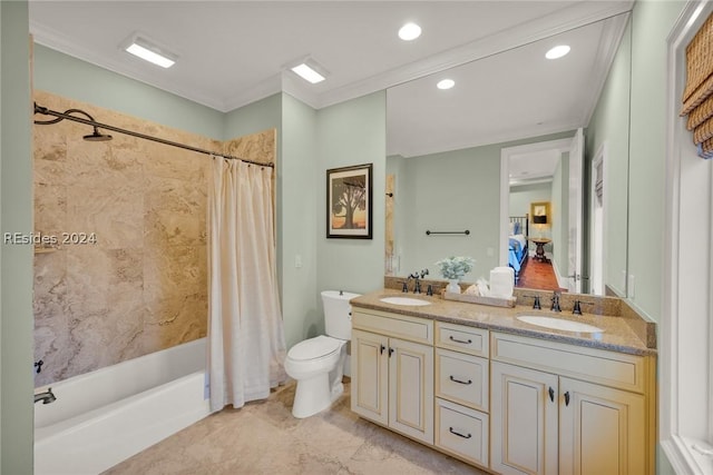 full bathroom with vanity, ornamental molding, toilet, and shower / bath combo with shower curtain