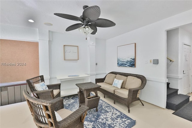 living room featuring ceiling fan