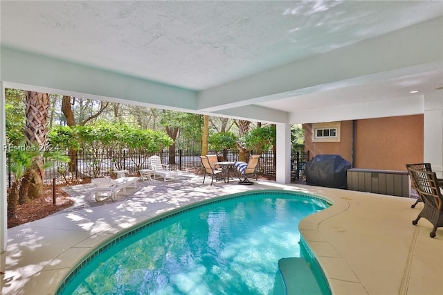 view of swimming pool featuring grilling area and a patio