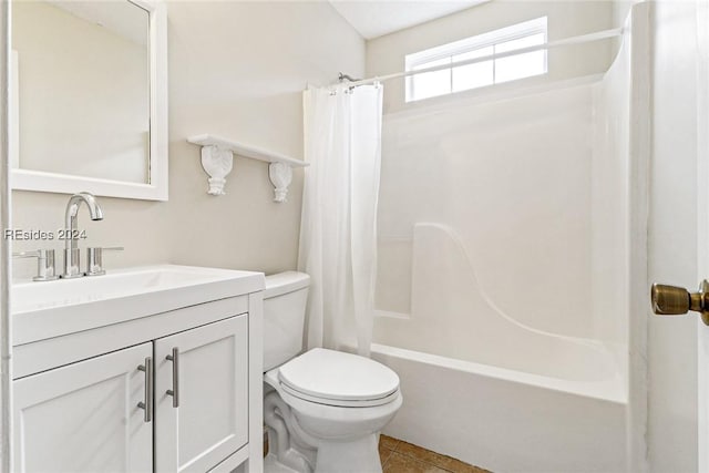 full bathroom featuring tile patterned flooring, vanity, shower / bath combination with curtain, and toilet