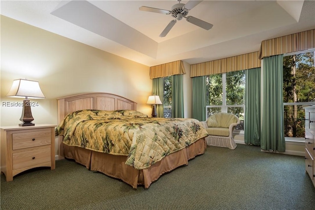 bedroom featuring ceiling fan, a tray ceiling, and dark carpet