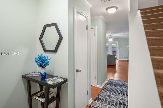 hallway featuring hardwood / wood-style flooring and ornamental molding