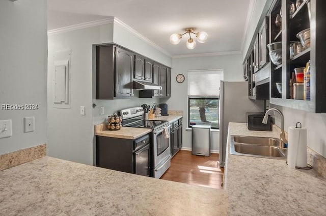 kitchen with dark wood-type flooring, dark brown cabinetry, sink, ornamental molding, and stainless steel electric stove