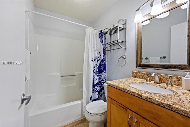 full bathroom featuring tile patterned flooring, vanity, toilet, and shower / bath combo with shower curtain