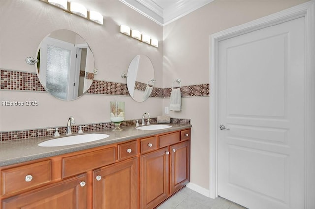 bathroom featuring vanity, tile patterned floors, and ornamental molding