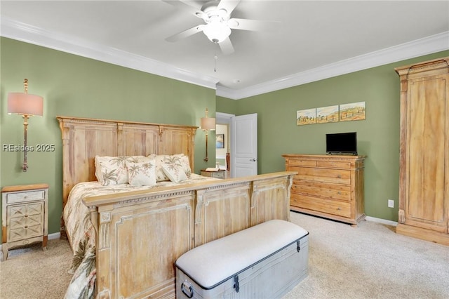 bedroom with crown molding, ceiling fan, and light carpet