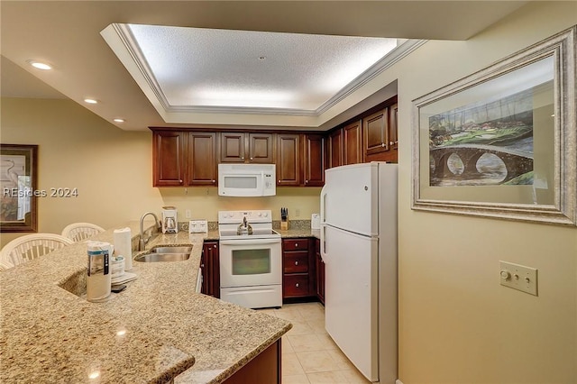 kitchen featuring sink, crown molding, light stone counters, light tile patterned floors, and white appliances