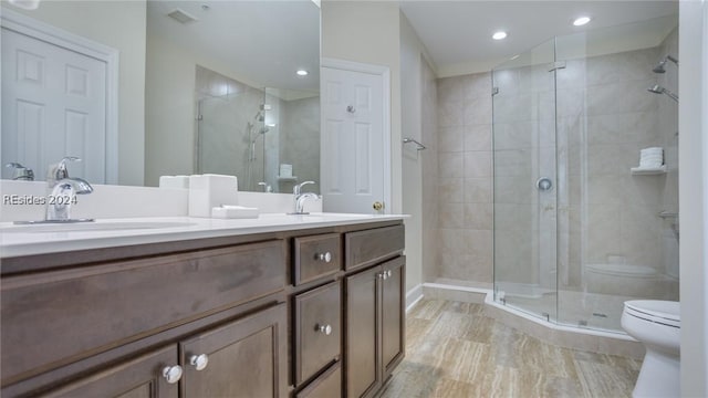 bathroom with vanity, toilet, and walk in shower