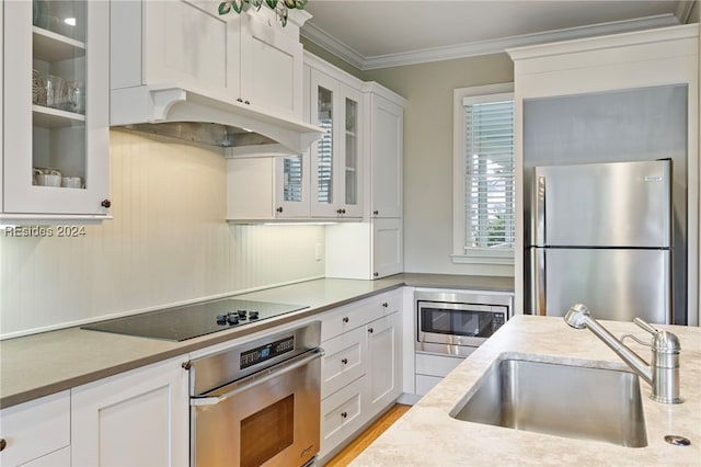 kitchen with premium range hood, sink, white cabinetry, ornamental molding, and appliances with stainless steel finishes