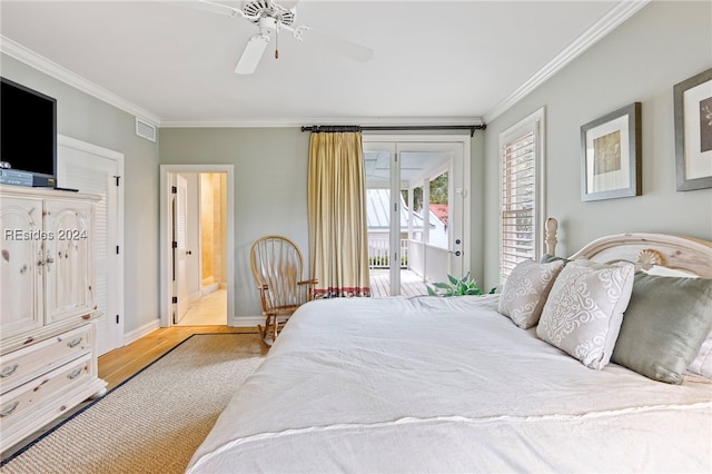 bedroom with connected bathroom, access to outside, ceiling fan, crown molding, and light hardwood / wood-style flooring