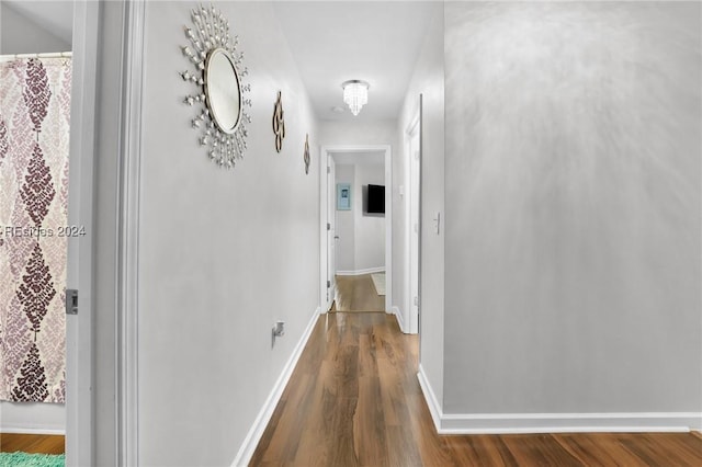 corridor with dark hardwood / wood-style flooring