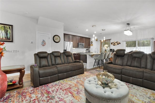 living room with sink and hardwood / wood-style flooring