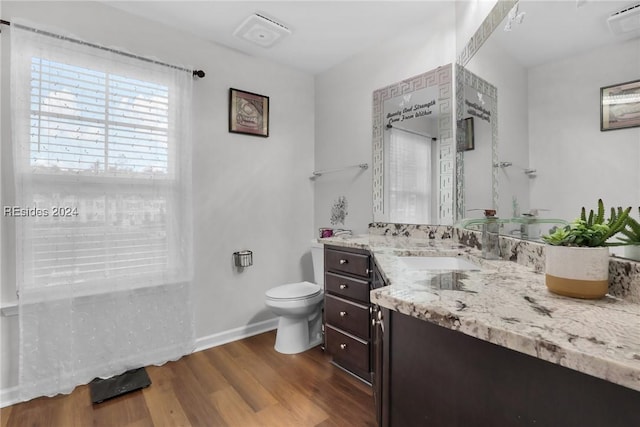 bathroom with vanity, wood-type flooring, and toilet