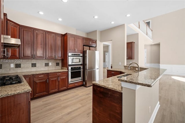 kitchen featuring sink, appliances with stainless steel finishes, light stone countertops, kitchen peninsula, and light wood-type flooring