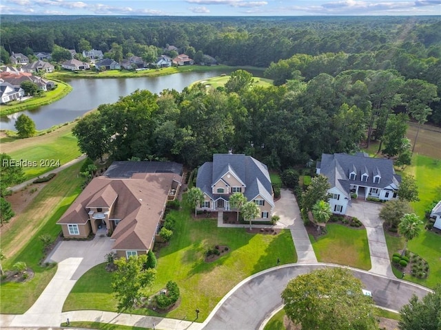 bird's eye view with a water view