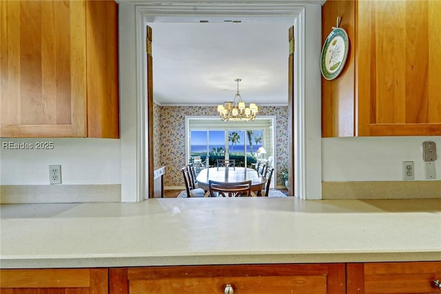 kitchen with a notable chandelier