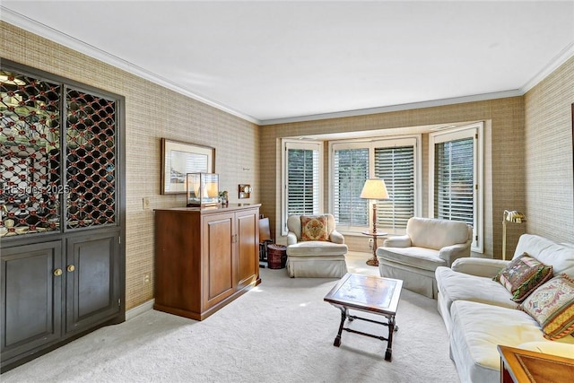 living room featuring crown molding and light colored carpet