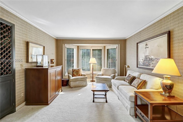 living room featuring crown molding and light colored carpet