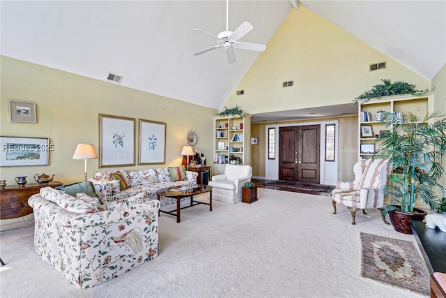 living room with light carpet, high vaulted ceiling, and ceiling fan