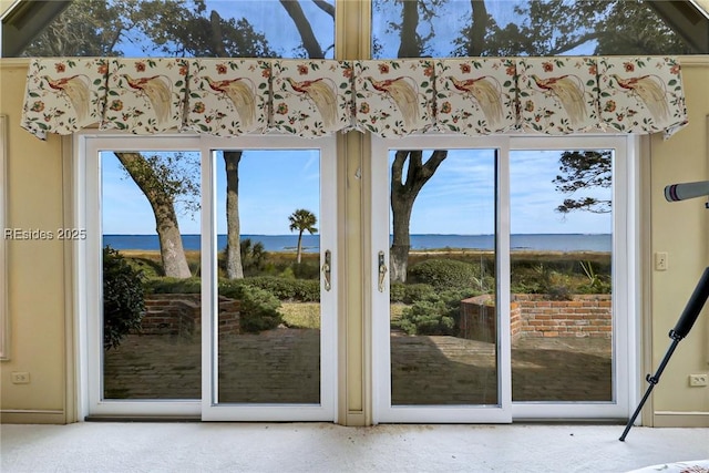 doorway to outside with carpet floors and a water view