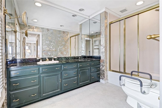 full bathroom with enclosed tub / shower combo, ornamental molding, vanity, and toilet