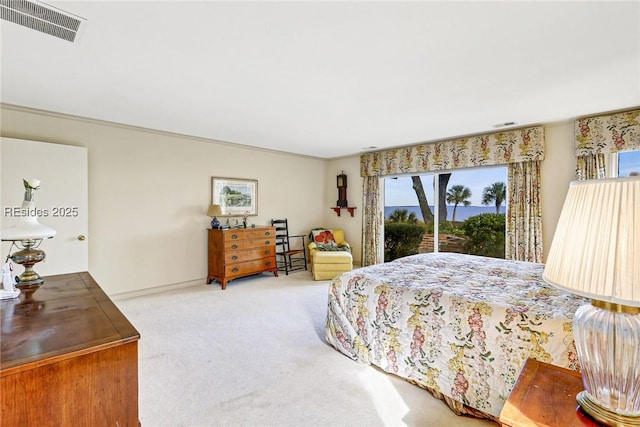 bedroom with multiple windows, access to outside, and carpet