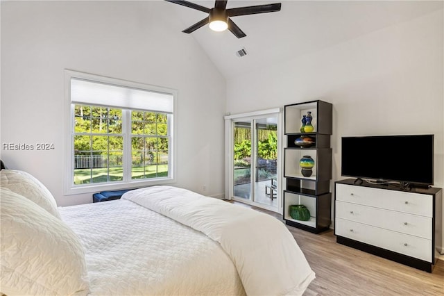 bedroom featuring access to outside, high vaulted ceiling, ceiling fan, and light wood-type flooring