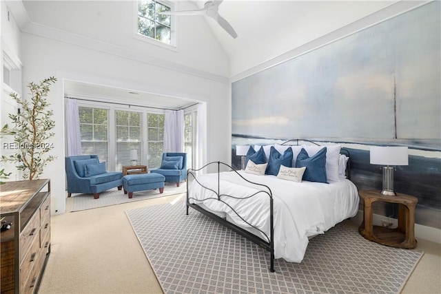 bedroom with high vaulted ceiling, light carpet, and ceiling fan