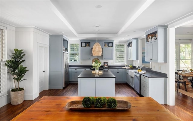 kitchen with dark wood-type flooring, hanging light fixtures, a tray ceiling, gray cabinets, and a kitchen island