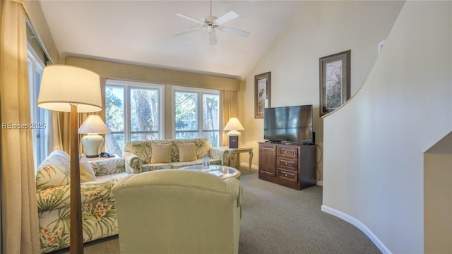 living room with ceiling fan, high vaulted ceiling, and carpet