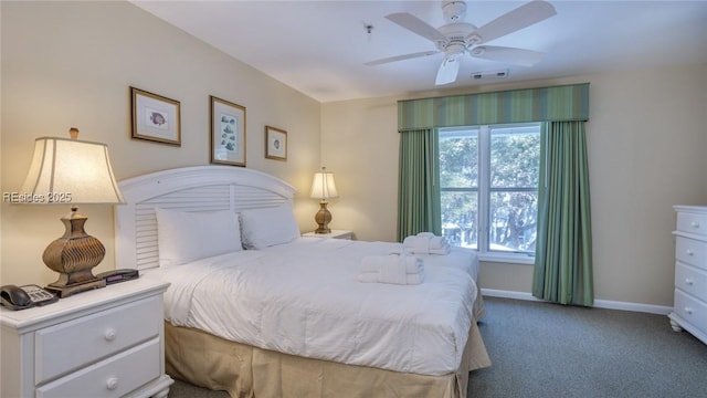 bedroom with ceiling fan and carpet flooring