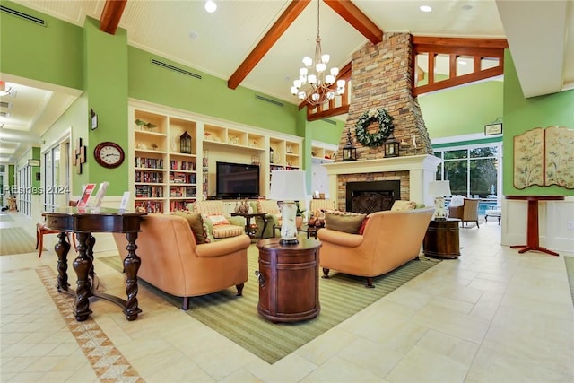 living room with beamed ceiling, an inviting chandelier, a stone fireplace, and high vaulted ceiling