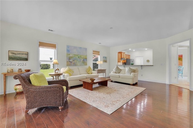 living room with dark hardwood / wood-style flooring