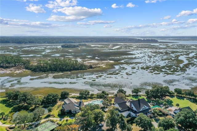 aerial view featuring a water view