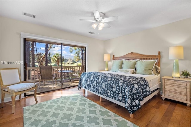 bedroom with dark wood-type flooring, access to exterior, and ceiling fan