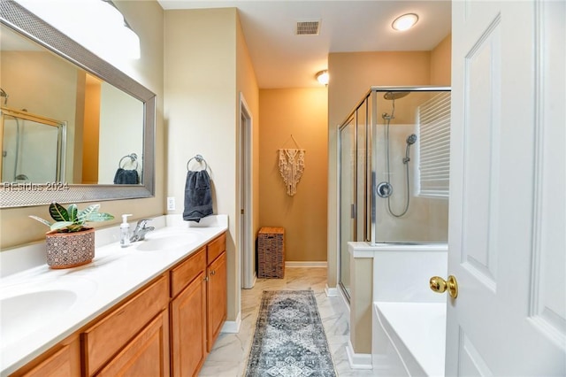 bathroom with vanity and plus walk in shower