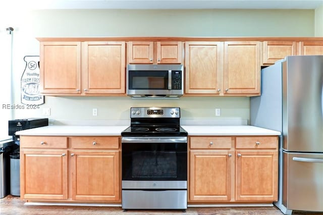 kitchen with hardwood / wood-style flooring and appliances with stainless steel finishes