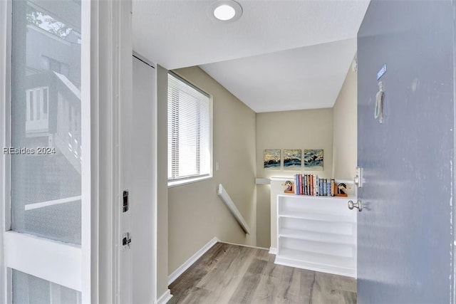 stairs with hardwood / wood-style floors