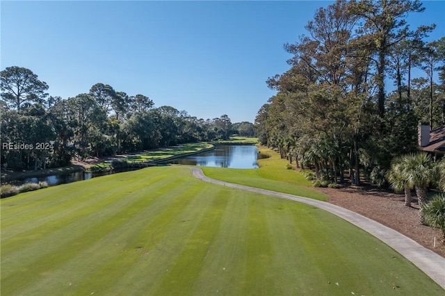 view of property's community with a water view and a yard